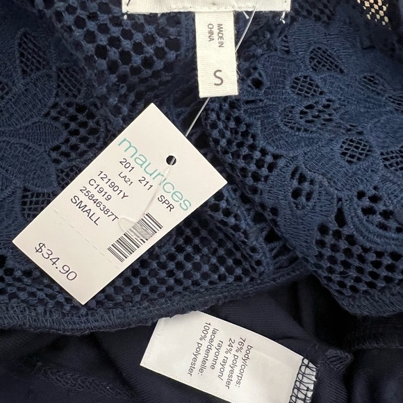Maurices Navy Lace Yoke Swiss Dot Open Front Cardigan Size Small - Picture 5 of 6